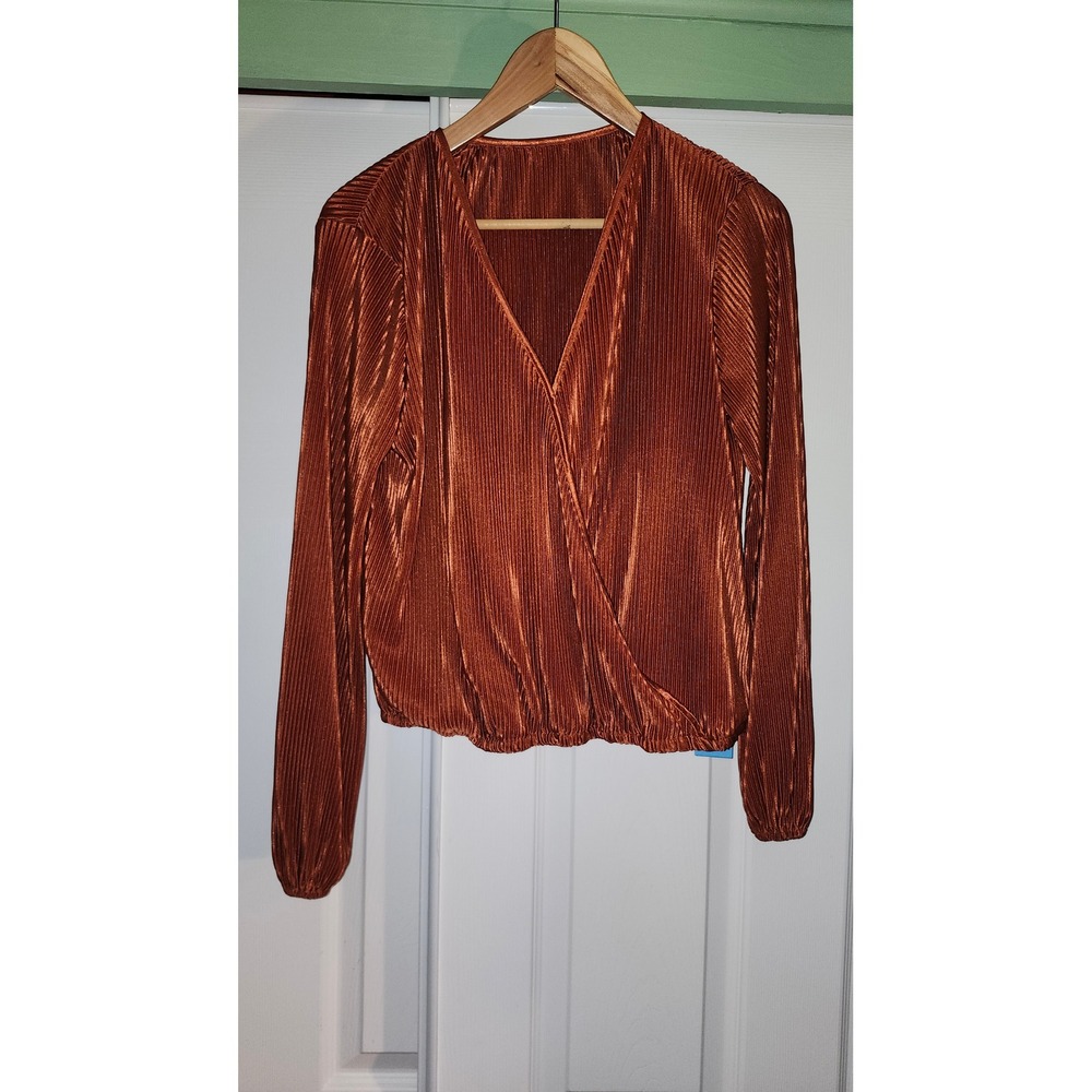 Cupshe Womens Rust Copper Metallic Pleated Surplice Wrap Top Long Sleeve Small